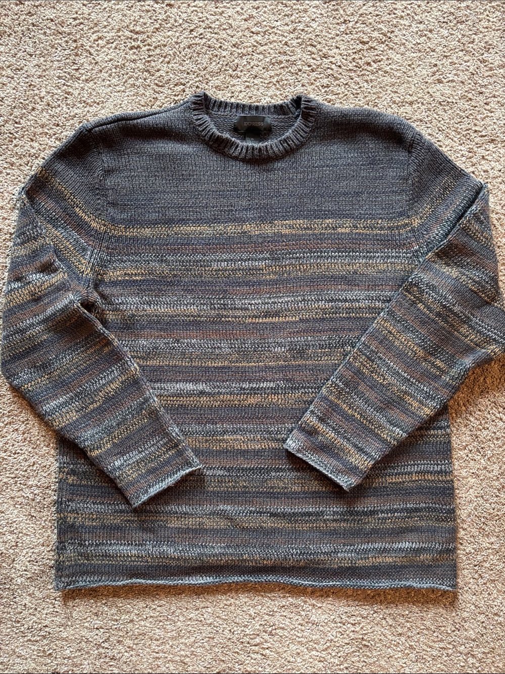Express Men's Crewneck Sweater in Gray and Tan Stripes